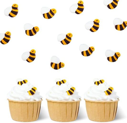 Edible Bee Cake Decorations, Royal Icing Bee for Cupcake Topper, Edible Bee Sprinkles Sugar for Cakes Cupcakes Cookies Chocolate Macarons Baking Baby Shower Decoration, 48 pcs