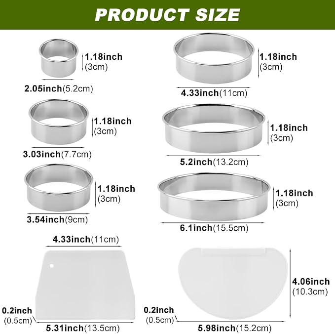 Round Cookie Cutter Set, 6 Pc 2-6 in, 1.2 in Deep, 2 Scrapers | Stainless steel cutters, Plastic scrapers, Dishwasher safe then dry, Not for cuts over 1.2 in depth in one pass