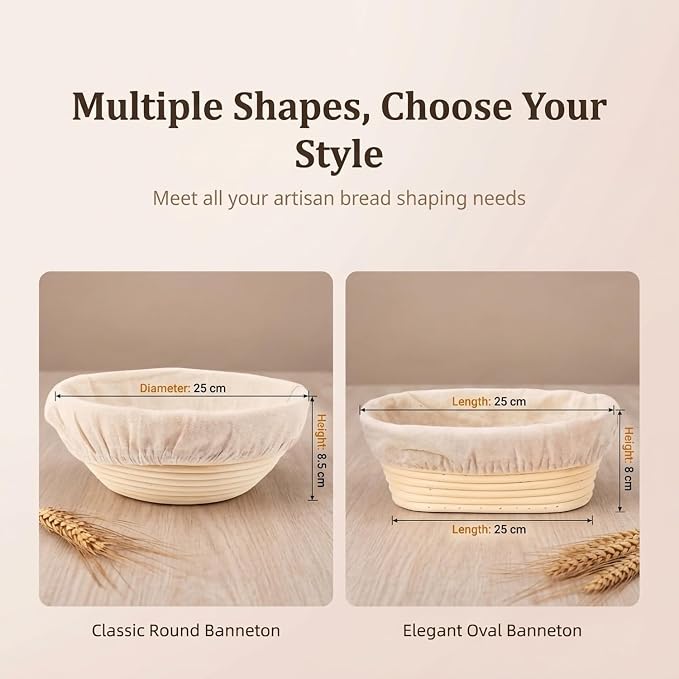 Bread Proofing Basket Set 9" Round and 10" Oval Banneton for Bread Baking, Natural Rattan Wicker Basket with Bread Lame, Danish Whisk, Scraper - Profeesional Baker's Kit