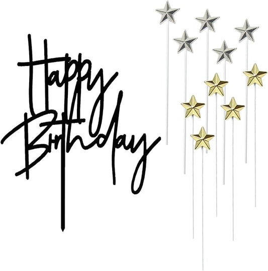 Happy Birthday Cake Topper - Black & Silver Stars (5pcs Each) for Party Decoration