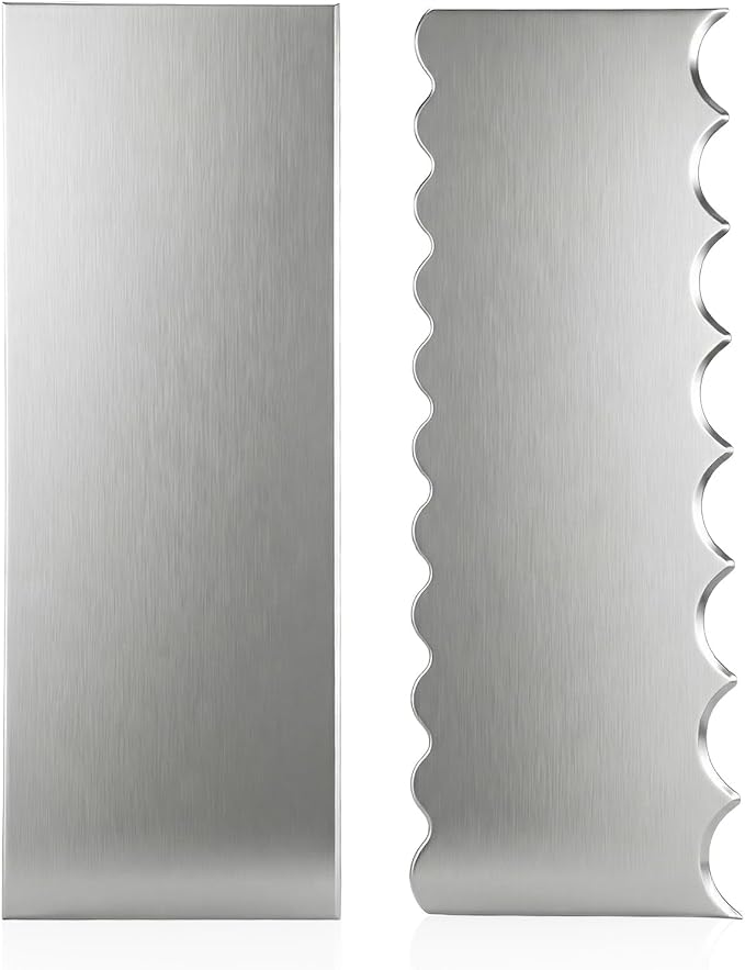 Xinjoduz 2 PCS Stainless Steel Metal Cake Scraper Smoother, 8.7" Double Sided Patterned Stripe Edge Icing Smoother Scraper Cake Decorating Supplies for Frosting Butter Mousse Cream Decoration