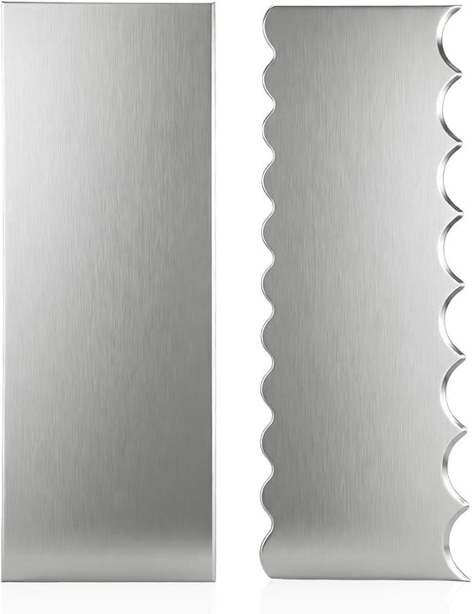 Xinjoduz 2 PCS Stainless Steel Metal Cake Scraper Smoother, 8.7" Double Sided Patterned Stripe Edge Icing Smoother Scraper Cake Decorating Supplies for Frosting Butter Mousse Cream Decoration