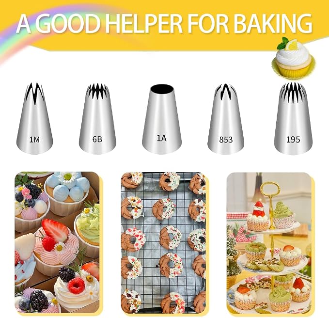 18 Inch Large Piping Bags and Tips Set,100PCS Extra large piping bags Disposable with 5 Piping Tips(Round Tip/Open Tip/Closed Star Tip/Drop Flower Tip/French Star Tip for Cupcakes,Cookie,Cake decor