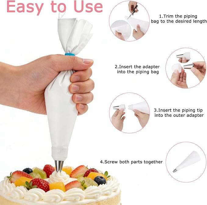 Reusable Piping Bags and Tips Set, 23Pcs Pastry Bag Kit | 4 Cotton Icing Bags, 6 Stainless Steel Tips, Couplers, Brush – Cake Decorating Supplies for Beginners, Cupcakes, Cookies