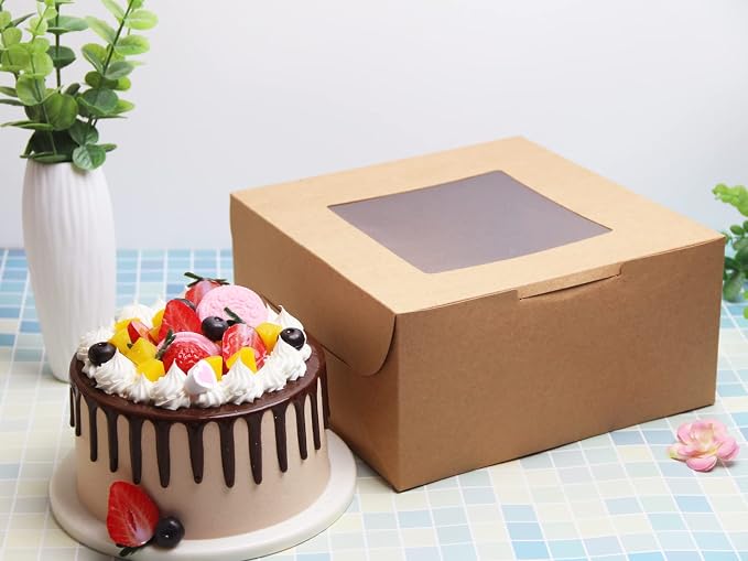 Kraft Bakery Boxes 10x10x5 Inch - 10Pack Window Gift Boxes | Includes twine & stickers. Sturdy kraft. For cookies, cupcakes, pastries, wedding favors, party treats & DIY