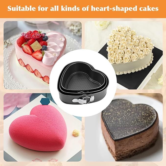 Set of 3 Springform Cake Tins Heavy Duty, Double Layer Non-Stick Coating, Removable Base, Heavy Duty Carbon Steel, Perfect for Frozen Desserts - Oven Safe Bakeware (heart-shaped)