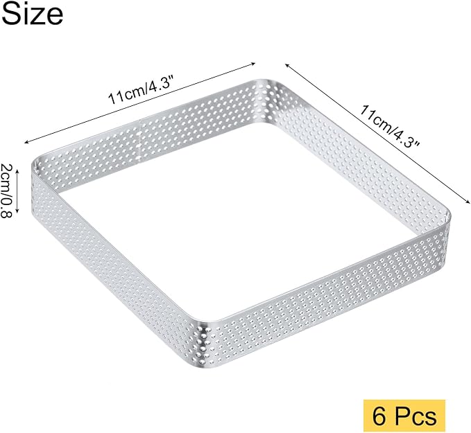 uxcell 6pcs Square Perforated Cake Rings 4.3 x 4.3 Inch Stainless Steel Cake Pastry Mousse Ring Molds for DIY Cake Dessert Mousse Pastries Baking, Silver Tone