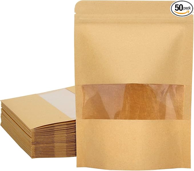 Blisstime 50 Pack Kraft Paper Stand Up Pouch Bags, Resealable Bag with Transparent Window and Tear Notch for Multipurpose Storage (4 X 6 Inches)