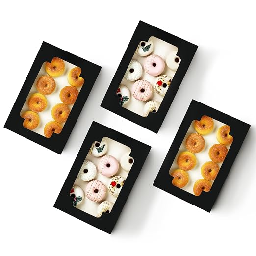 qiqee Auto-pop up Black Cookie Box with Window 12x8x2.5 inch 32 Packs Two Uses One Second Folding Pastry Biscuit Bakery Box for Packaging