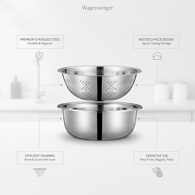 2-Piece Stainless Steel Colander and Bowl Set, Nested Strainer for Washing Veggies, Draining Pasta, and Food Prep (Silver)