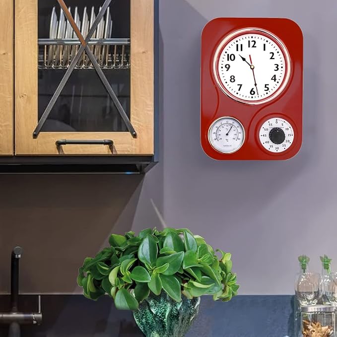 Lily's Home -9 Inch x 12.5 Inch -Retro Kitchen Wall Clock, Vintage Wall Clock with a Thermometer and 60-Minute Timer, Ideal for Any Kitchen, Office, or Diner (Retro Red)