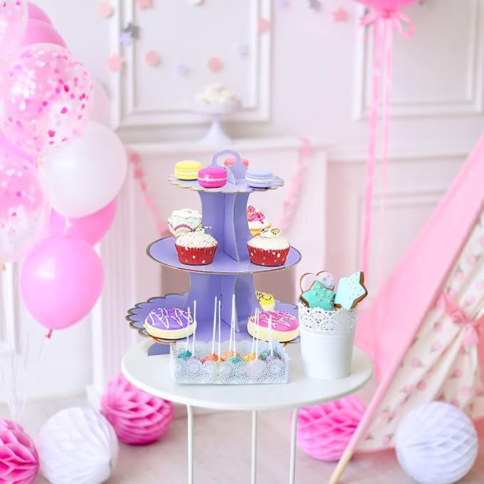 2 PACK Cardboard Cake Stand, 3 Tier Paper Dessert Round Cupcake Holder Tower Disposable Pastry Stand for Birthday, Afternoon Tea,Wedding Party Anniversary Christening Fruit Desserts Display…