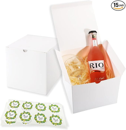 Frantis 15 Pack White Gift Boxes with Lids, 6x6x6 Inch Gift Boxes for Treats, Candles, Mugs, Weddings, Christmas, Bridesmaid Proposals & Small Business Packaging, Includes Thank You Stickers