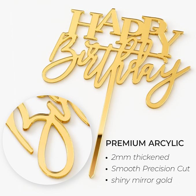 Happy Birthday Cake Topper, Acrylic 7.5" x 6", Mirror Gold | Premium 2mm Acrylic, Large size, Classic Cake Decoration, Luxurious High-Gloss Finish