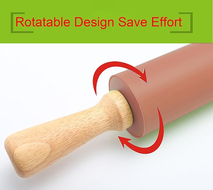Silicone Rolling Pin, Orange 9 Inch Pin with Wooden Rotatable Handle for Dough of Baking Bread, Cookie, Pizza (orange, 9 inch)
