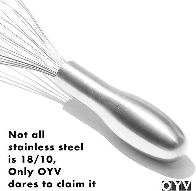 OYV 8" Whisk, Ergonomic Handle, Dishwasher Safe 18/10 Stainless Steel Whisk, Professional Kitchen Metal Wisk, Perfect for Whisking, Blending, Beating, and Baking
