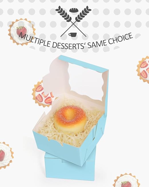 qiqee Light Blue Bakery Boxes with Window 55pcs 4x4x2.5 Mini Cookie Boxes Macaron Boxes Small Donut Pastry Boxes for Party