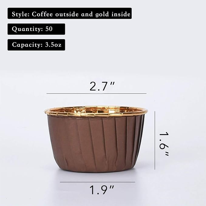 Party Hippo Cupcake Cups, 3.5 Oz 100 pcs Disposable Foil Muffin Liners, Gold Baking Cups, Ramekin Aluminum Cupcake Tip Pan Ramekin Holders, Little Baking Cups (100, Coffee)