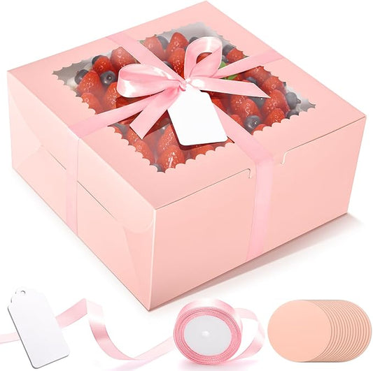 32Pcs 10 Inch Cake Boxes With Boards (16Pcs Pink, 16Pcs Boards), 10x10x5 Inch Bakery Boxes With Window, Carrier Container for Birthday Party, Wedding