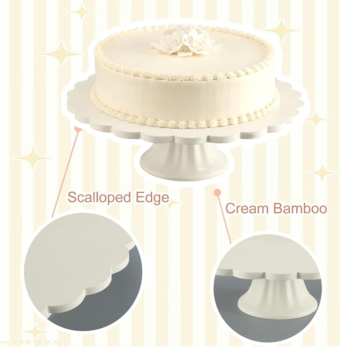 Vesici Cream Wooden Cake Stand Scalloped Reusable Round Cake Stand Dessert Holder for Cupcake Donut Dessert Wedding Baby Shower Party Supply (10" L x 10" W x 3" H)