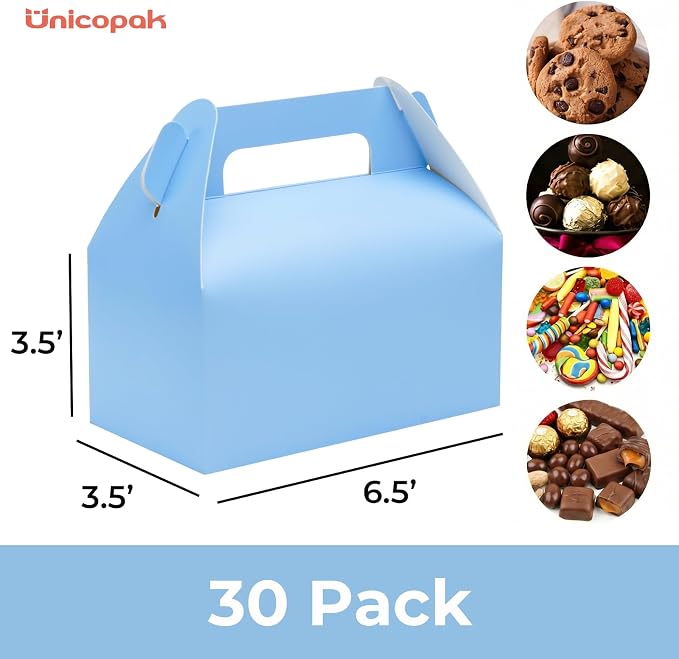 UnicoPak 30 Pack Baby Blue Party Favor Bag Boxes, Gable Gift Boxes for Candies Treats Goodies Cookies, Ideal for Baby Shower, Blue Party Favors, Theme Birthday Party, Valentine's Day, 6.5x3.5x3.5 Inches