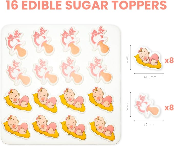 Pink Edible Baby Cake Decorations, Gender Reveal Cupcake Topper Edible, Girl Baby Shower Candy Cookies Chocolates Baking Decor, 16 pcs