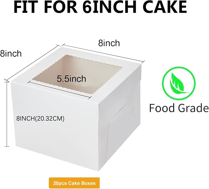 20Pack 8 Inch Cake Boxes, 8X8X8 Inch White Bakery Boxes With Windown For Chocolates, Cajas Pasteles, Cookie, Pastries,Pie, Home Bakers, Gift Cakes For Wedding, Birthday, Fathers Day