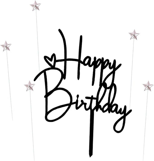Happy Birthday Cake Topper Birthday Cake Decoration Party Cake Supplies (Silver stars black cake topper)