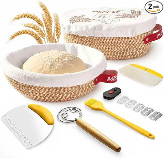 Sourdough Bread Baking Set,10" Round and 11" Oval Rope Banneton Proofing Basket with Liners,Sourdough Starter Kit with Bread Lame,Dough Whisk,Bowl Scraper,Brush and Stainless Steel Scraper