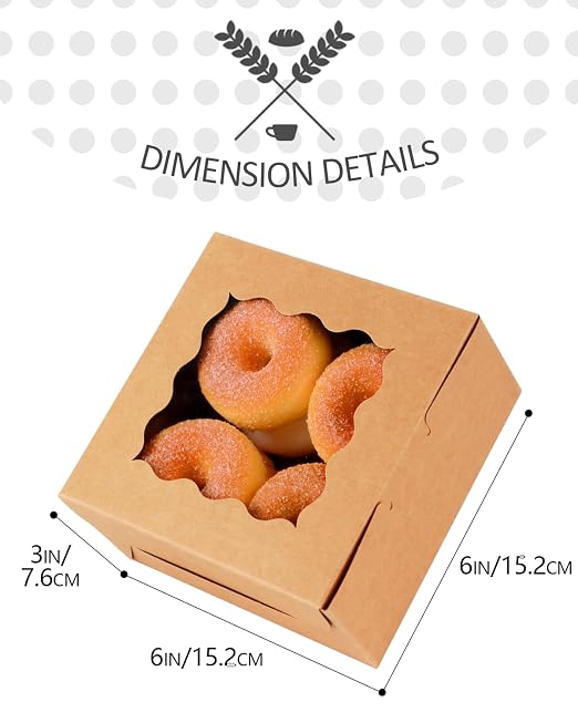 qiqee 140Pcs Brown Bakery Box with Window 6"×6"×3" Macaron Boxes Small Donut Pastry Boxes for Party Mini Cookie Boxes