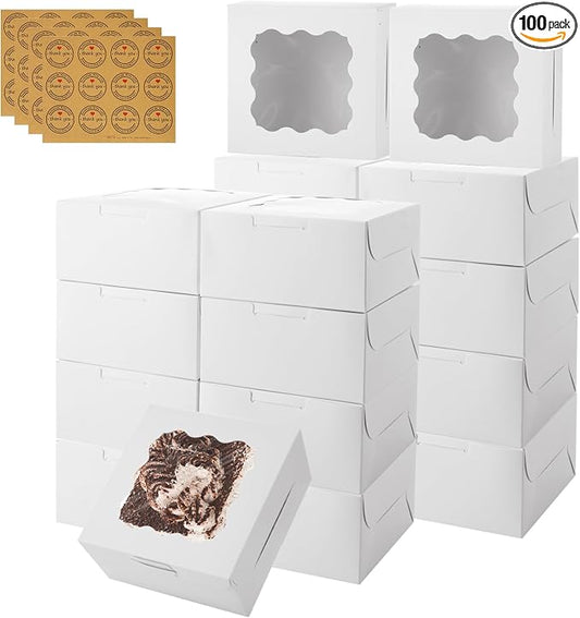 QTLCOHD 100 Pack 6 x 6 x 3 Inch Bakery Boxes with Window | White Cookie Boxes Bulk for Dessert, Cupcake, Pastry, Cookies, Treat, Strawberries Chocolate