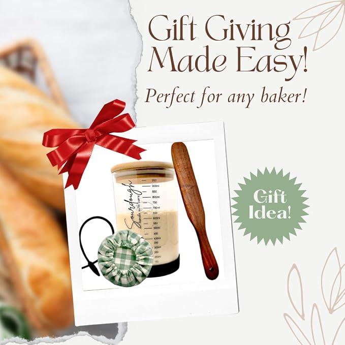 Sourdough Starter Kit - Sourdough Kit Includes Wooden Spurtle, Wide Mouth Jar w/ Bamboo Lid & More - Non-Slip Silicone Base Sourdough Bread Baking Supplies - Bread Making Kit for Beginners & Pros
