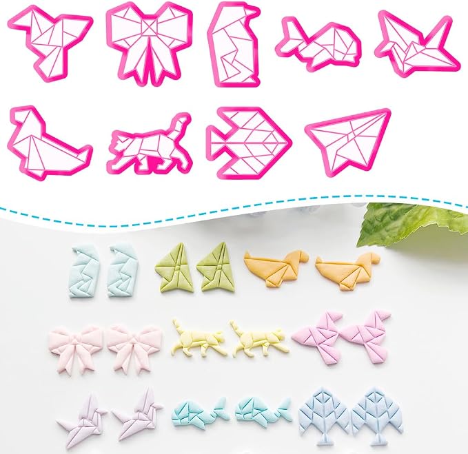 Xaekicr 9 Pcs Origami Shape Polymer Clay Cutters - Geometric Animal & Bow Cookie Cutter Set for Jewelry Making, Earring Molds, Fondant Cake Decorating & DIY Crafts