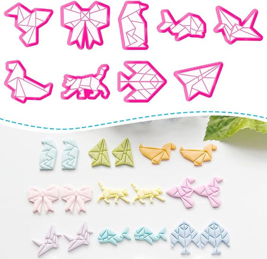 Xaekicr 9 Pcs Origami Shape Polymer Clay Cutters - Geometric Animal & Bow Cookie Cutter Set for Jewelry Making, Earring Molds, Fondant Cake Decorating & DIY Crafts