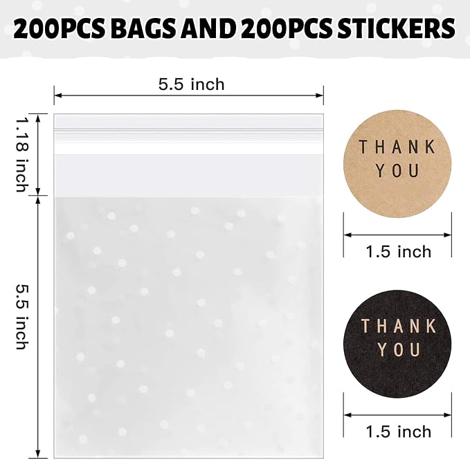 NPLUX 200PACK Self Adhesive Cookie Bags Cellophane Treat Bags Thank You for Gift Giving Candy with Stickers, Party Favor, Graduation Gift Bags(White Polka Dot, 5.5x5.5 INCH)