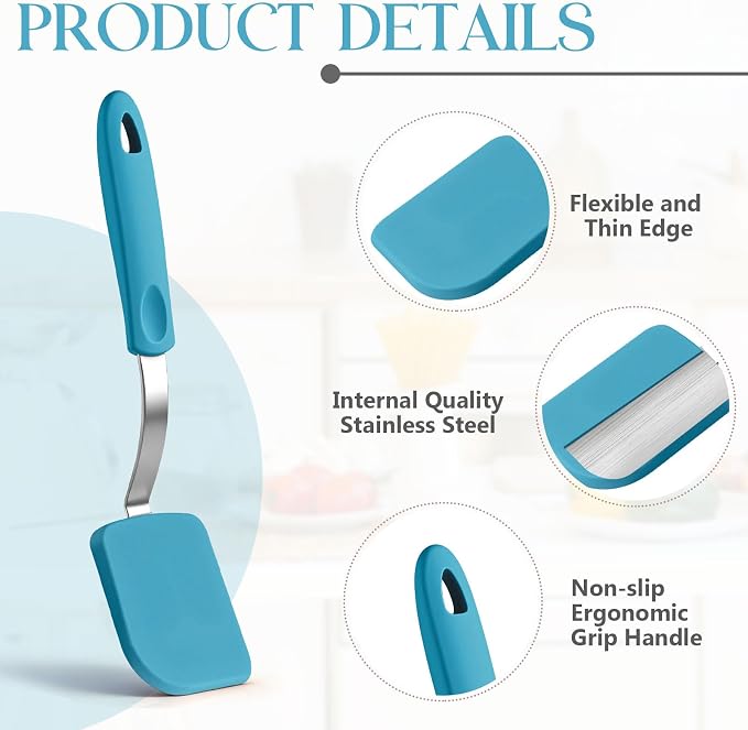 Silicone Cookie Spatula Turner 2 Pack Mini Brownie Spatula Flexible Kitchen Small Silicone Turner for Nonstick Cookware Heat Resistant No Scratch Flipper for Pancake(Solid Flat,Light Blue)