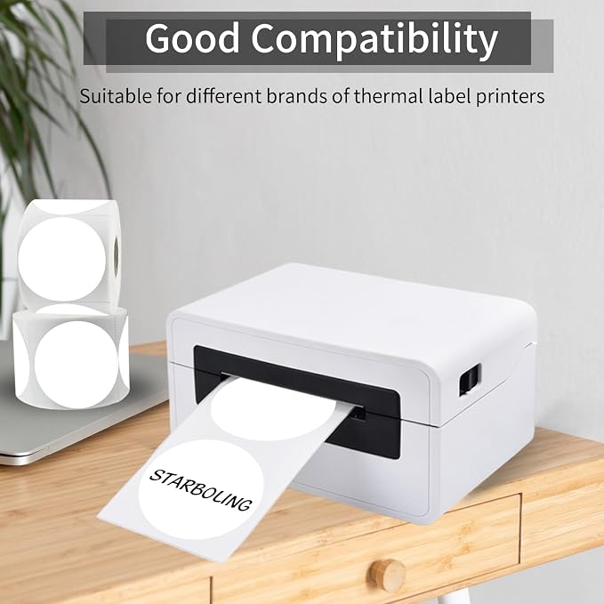 starboling Thermal Labels,2 Inch White Round Thermal Printer Stickers,Self-Adhesive Round Direct Thermal Labels,Thermal Stickers for DIY Logo Design,Name Tag (500/Roll）