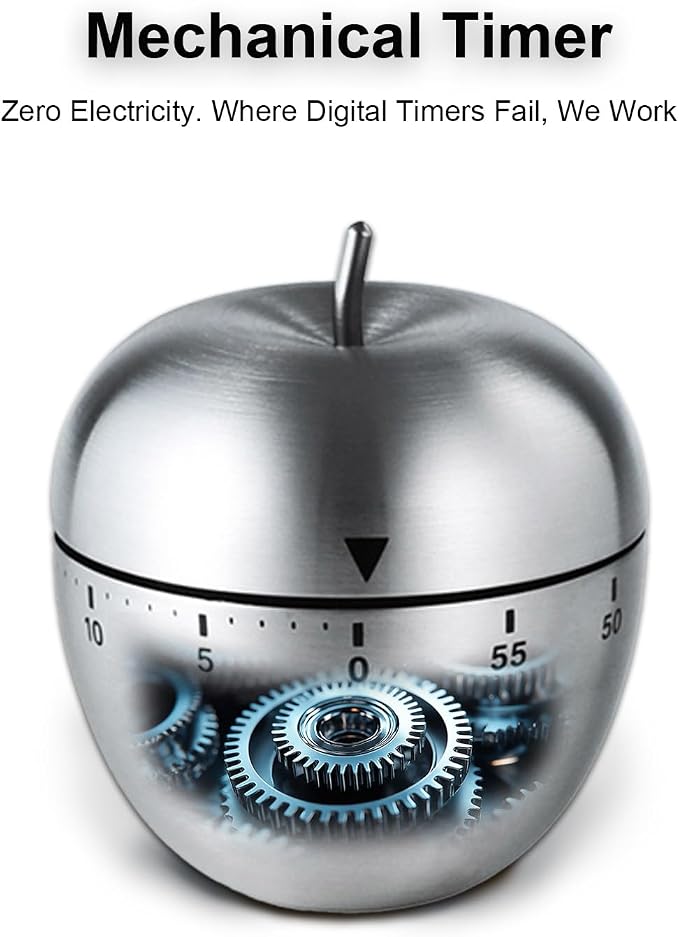 Kitchen Timer for Cooking, 60 Minutes Mechanical Timer - No Batteries Required, Stainless Steel Apple-Shape Cute Countdown Clock for Cooking, Learning, Exercises, Gaming