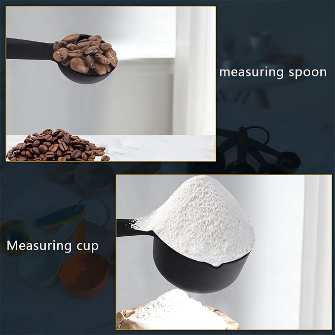 Measuring Cups and Spoons Set, 10 Piece Cute Plastic Measuring Cup Spoon Set, 5 Measure Cup and 5 Spoon For Dry & Liquid, Black Food Measure Cups Spoons for Baking & Kitchen