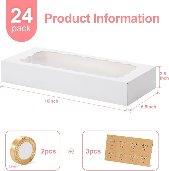 24 Pack Bakery Boxes with Window, 16x6.5x2.5 Inch Auto-Popup Cookie Box with Ribbon and Sticks, Long Treat Boxes for Cookies for Strawberries, Champagne, Cake Pops, Donuts