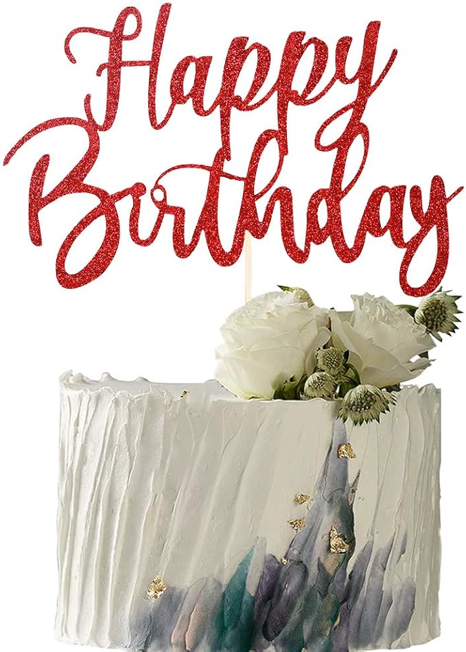 Handmade Glitter happy birthday Cake Topper, Happy Birthday Cake Bunting Decor, Party Decoration Supplies (Red)