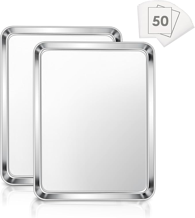 E-far Baking Cookie Sheet Set of 2, 12.4”x9.7” Stainless Steel Baking Sheet Pan for Oven with 50 Parchment Paper, Rectangle Baking Tray for Cooking Roasting, Rust Free & Heavy Duty, Dishwasher Safe