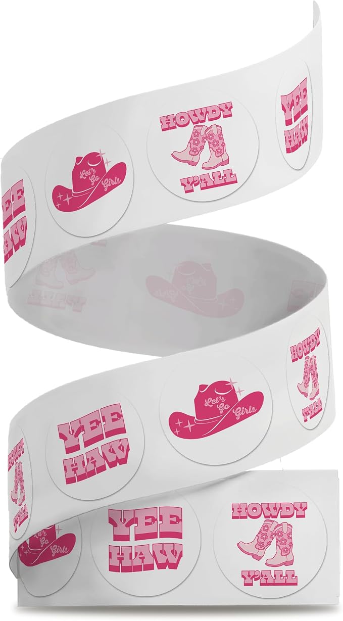 1.5 Inch Round 500 Count Pink Cowgirl Perforated Roll Stickers - Thank You Labels for Favors - Packing Thank You Stickers for Small Business Store Owners