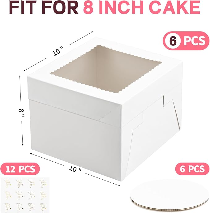 ZORRITA 6 Pack Cake Boxes, 10 x 10 x 8 Inches Tall Bakery Box with Window and Cake Boards, Disposable Cake Containers for Wedding, Birthday, Party