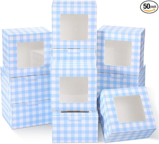50 Pack Blue Gingham Cookie Boxes with Window, Small Bakery Treat Boxes for Pastry Donuts Macaroon Cupcakes, Gingham Party Supplies Wedding Bridal Baby Showers Birthday Party Favors