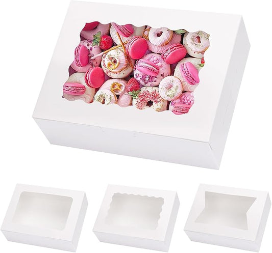 Moretoes 48pcs Cookie Boxes with Window, 8x6x2.5 Inch 3 Style Pastry Boxes for Treat, Chocolate Covered Strawberries, Candy, Muffins, Donuts