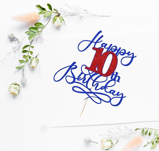 Happy 10th Birthday Cake Topper,Deep blue font red Numbers 10th Birthday Cake Decoration,Hello 10, Cheers to 10 Years/10th Anniversary,10& Fabulous Party Decoration