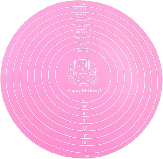 Hitefu 12 Inch Round Silicone Cake Mat, Pink | Silicone Baking Mat, With Measurement, For Cake Turntable, For Rolling Dough