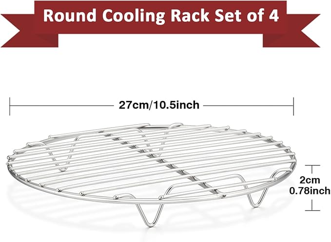 TeamFar Cooling Rack, 10.5 inch Stainless Steel Wire Rack Round Baking Racks for Cooking Steaming Roasting Cooling, Healthy & Non-toxic, Oven & Dishwasher Safe, Mirror Surface – Set of 4