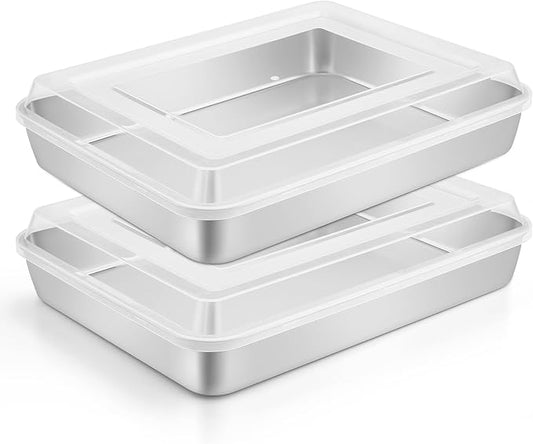 Leonyo 12⅓ x 9¾ x 2 In Baking Cake Pan with Lid Set of 2, Stainless Steel | For Focaccia, Bread, Brownies, Casseroles, Refrige & Oven Safe